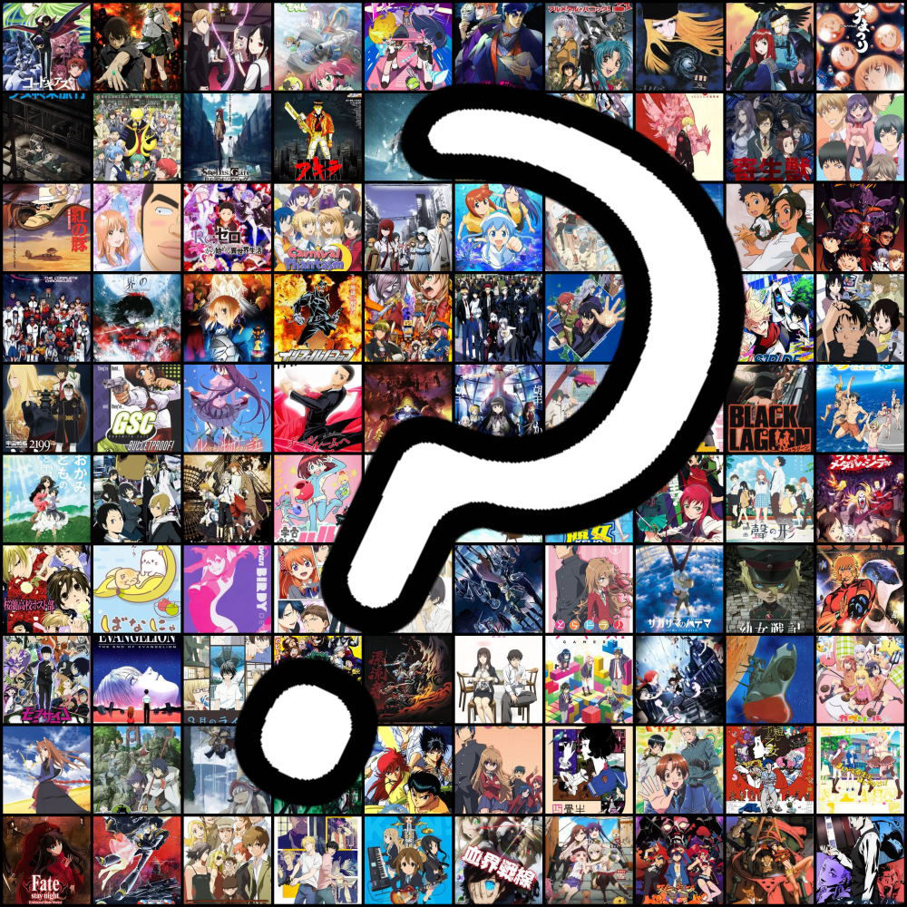 Question mark over grid of anime.